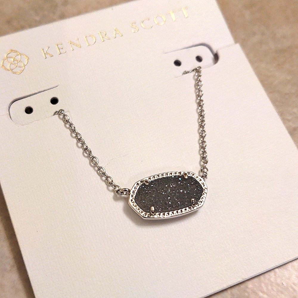 NEW Kendra Scott Elisa Pendant Necklace in Rhodium Steel Gray Drusy - Picture 3 of 6